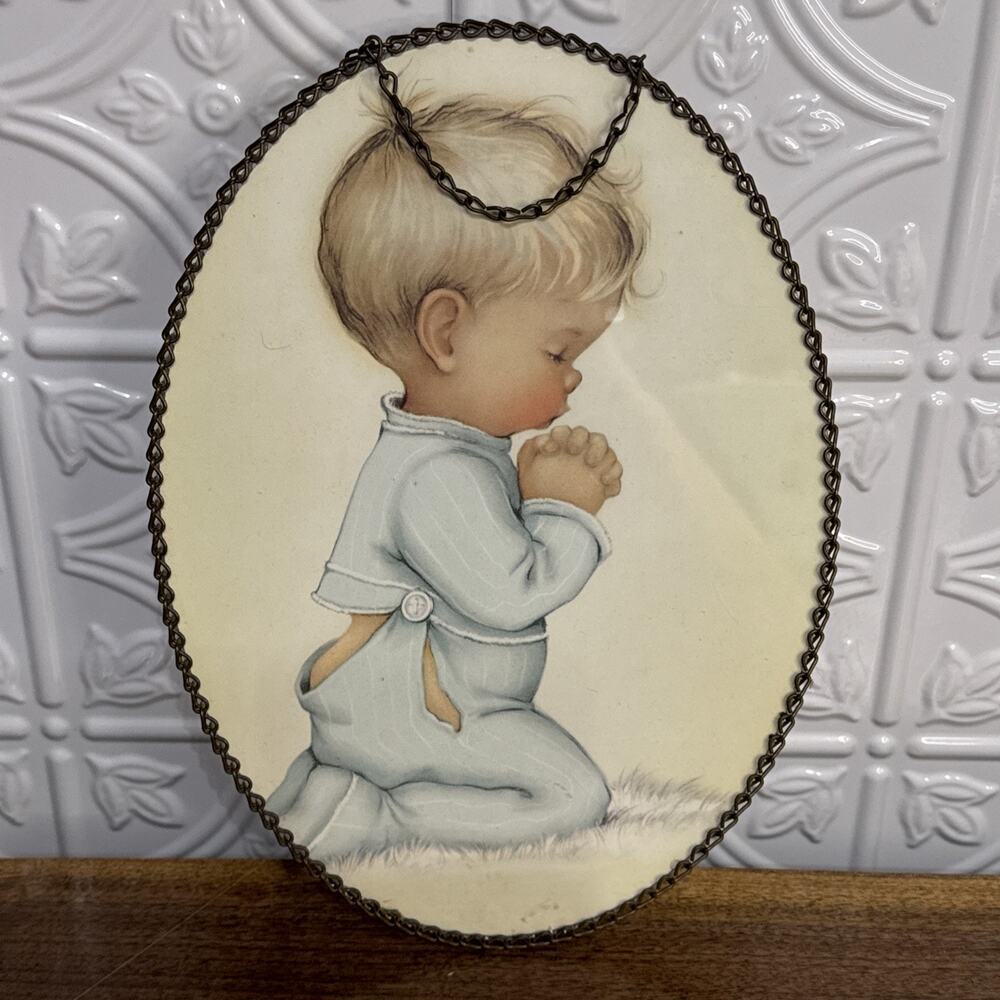 "Bless Us All" Praying Boy Blue Pajamas Oval Wall Hanging Picture - Baby Shower